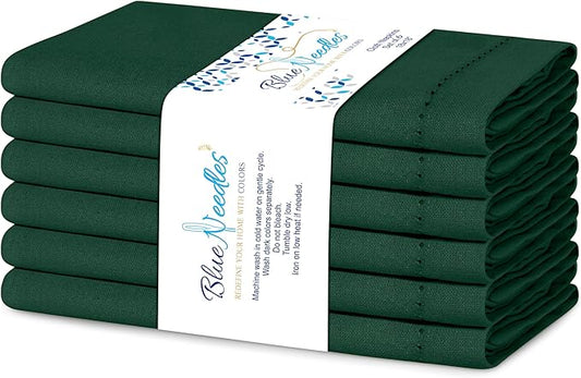 Blue Needles Set of 6 Hemstitch Linen Napkins 100% Cotton Forest Green Cloth Dinner Napkins 18x18 inches, Soft, Reusable, Absorbent, Washable, Ideal for Fall Thanksgiving Events Parties & Everyday Use