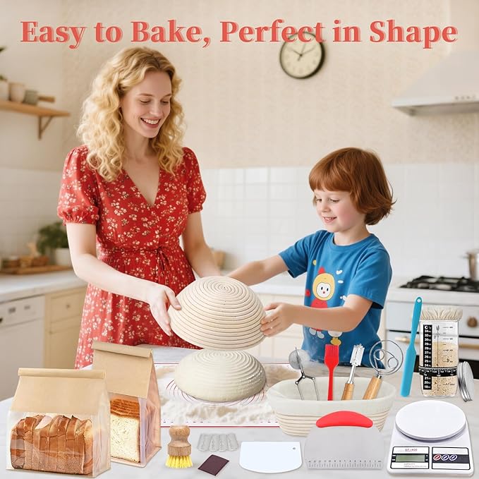 Aliggbent 38Pcs Sourdough Bread Baking Supplies, 10'' Round & Oval Banneton Bread Proofing Baskets with 24 oz Sourdough Starter Jar Kit, Digital Scale, Bags ＆ Bread Making Tools Kit for Artisan Baking