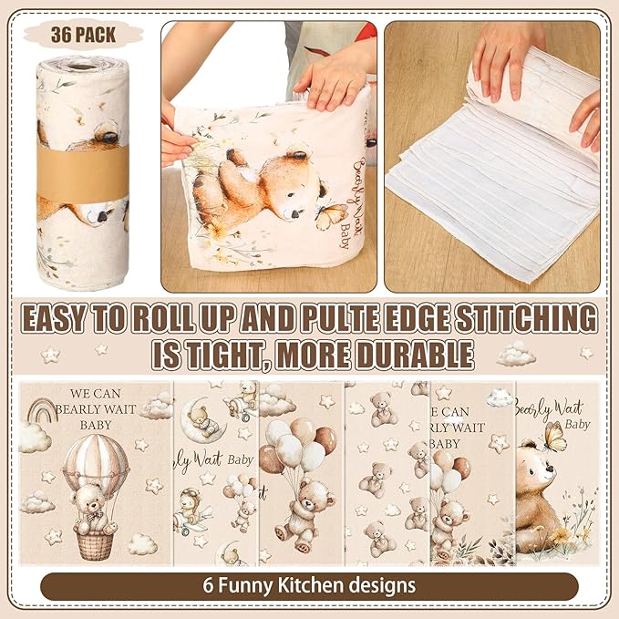 36 Pcs Baby Shower Reusable Paper Towels Rolls Washable Bulk We Can Bearly Wait Baby Teddy Bear Kitchen Towels Paperless Reusable Cloth Cotton Napkins with Cardboard for Kitchen Bathroom