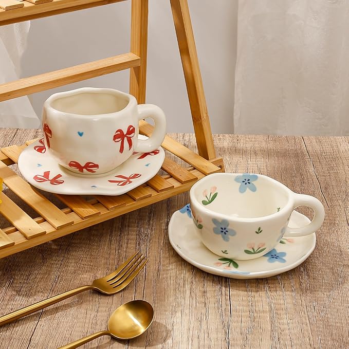 Koythin Ceramic Coffee Mug with Saucer Set, Cute Red Big Bow Cup Unique for Office and Home, 10 oz/300 ml for Latte Tea Milk