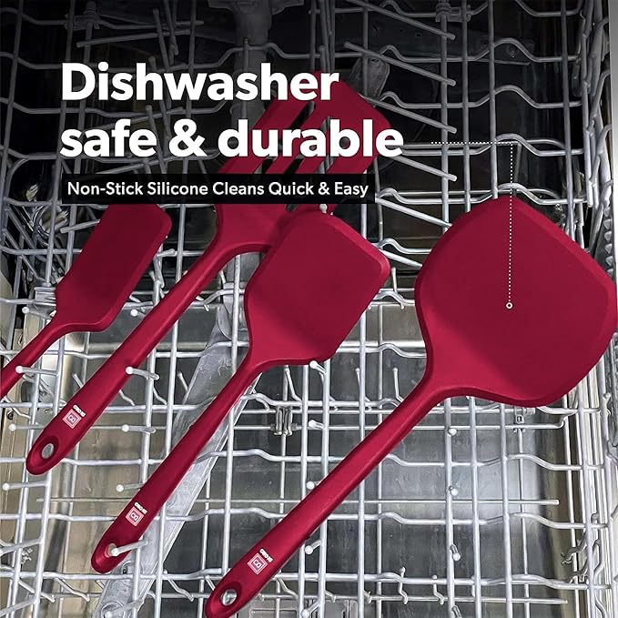 New DI ORO Seamless Series Moda 4-Piece Silicone Turner Spatula Set - 600°F Heat-Resistant Flexible Kitchen Spatulas for Nonstick Cookware - Flippers for Eggs & Pancakes - Utensils for Cooking (Red)