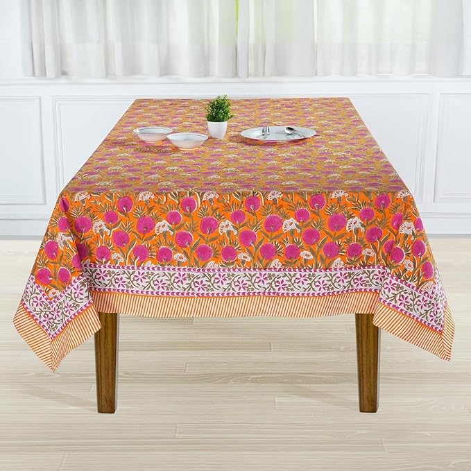 Ridhi Bubblegum Pink Hand Block Print Cotton Rectangle Tablecloth 108 x 60 inches Reusable Table Cover Decorative Everyday Use for Dining Room, Farmhouse, Home, Party, Festive & Wedding, Fall