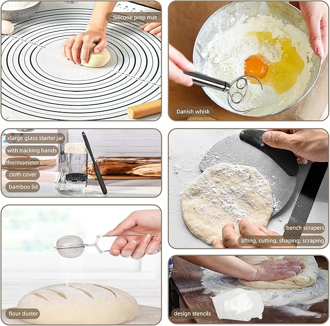 4 Color Complete sourdough bread makin Starter Kit,Sourdough Bread Baking Supplies for Beginner with Pot, Banneton Bread Proofing Baskets, Starter Jar, Scraper, Bread Making Tools & More (White)