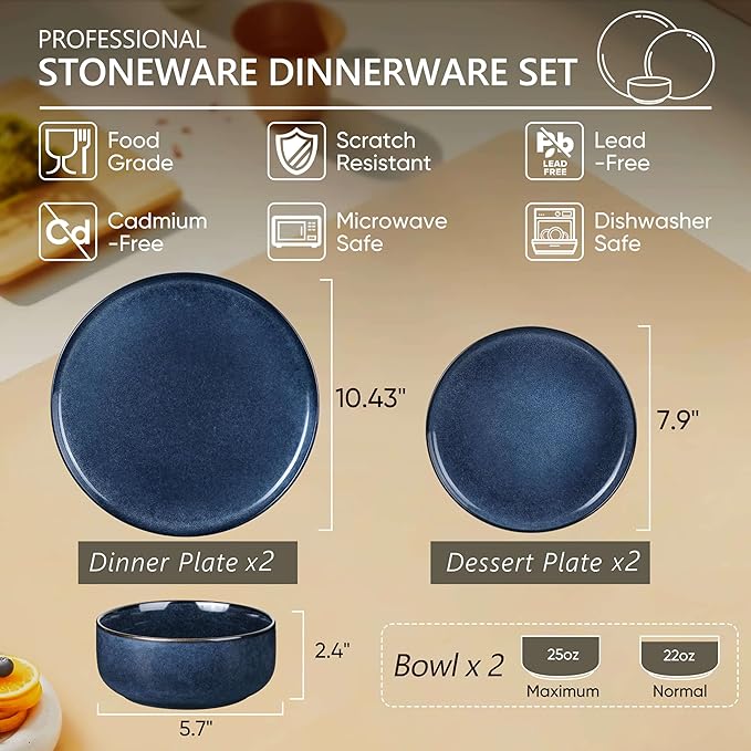 Herogo 6 Pieces Stoneware Dinnerware Set Service for 2, Dinner Plates and Bowls Sets, Double Reactive Glaze Dishes Set for Kitchen, Scratch Resistant, Microwave & Dishwasher Safe, Starry Blue