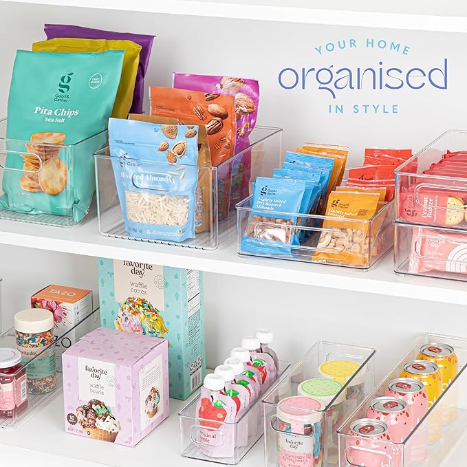 Plastic Food Storage Clear Container 2 Pack Bin with Handles for Organizing Kitchen, Pantry, Refrigerator, Freezer, Pantry, Cabinet, Closet, Bathroom. Stackable 10”x4”x3”