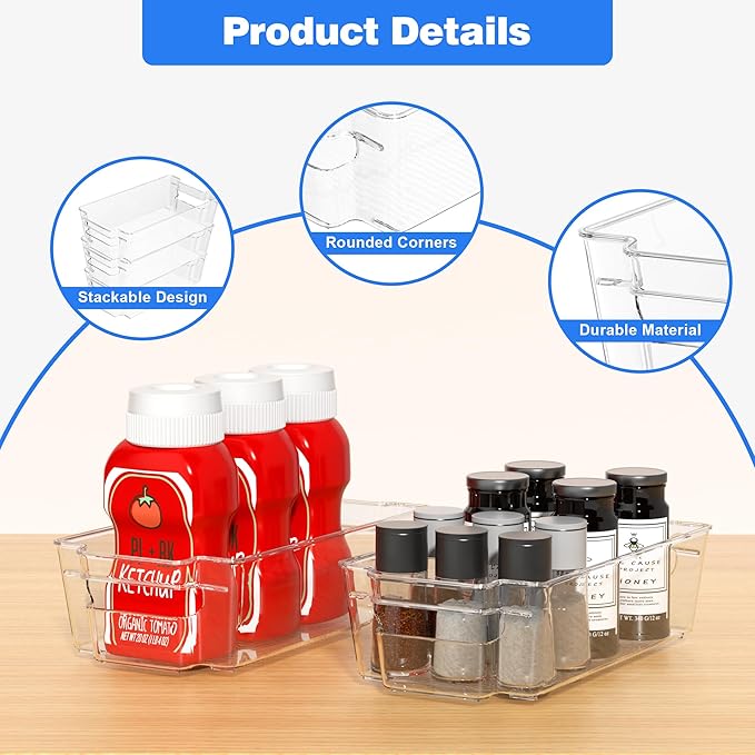 6 Pack Clear Refrigerator Storage Bins, Stackable Plastic Fridge Organizer Kitchen Pantry Storage Bins with Handles for Snacks, Freezer, Kitchen Cupboard, and Cabinet Organization