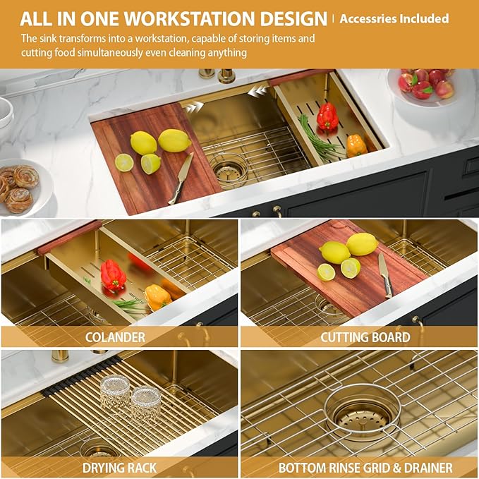 Mocoloo 33 Gold Kitchen Sink - 33 x 19 Inch Undermount Kitchen Sinks Ledge Workstation Gold Sink Single Bowl 16 Gauge Stainless Steel Under Counter Modern Sinks