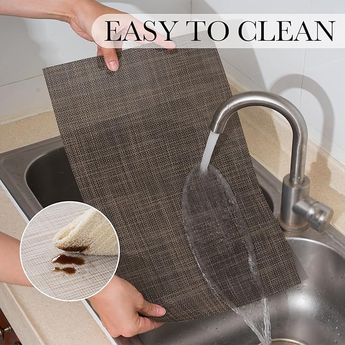 BACKTOEDEN Placemats Set of 8 Heat Resistant Washable Wipeable Placemat Woven Non-Slip Foldable Vinyl/Plastic Place Mats Indoor/Outdoor Mat Kitchen Dining Table Pad, Dark Brown