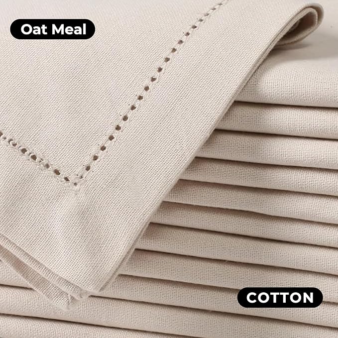 Bedding Craft Cotton Linen Cloth Dinner Napkins Set of 12 – 18x18 Flax Oatmeal Hemstitched – Machine Washable Reusable Fabric Napkins for Weddings, Parties & Events
