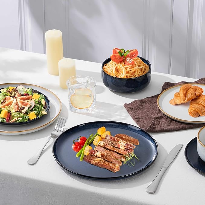 Herogo 12-Piece Stoneware Dinnerware Set for 4, Dinner Plates and Bowls Sets, Double Reactive Glaze Dishware Place Setting for Kitchen, Scratch Resistant, Microwave Safe, Ivory White & Starry Blue