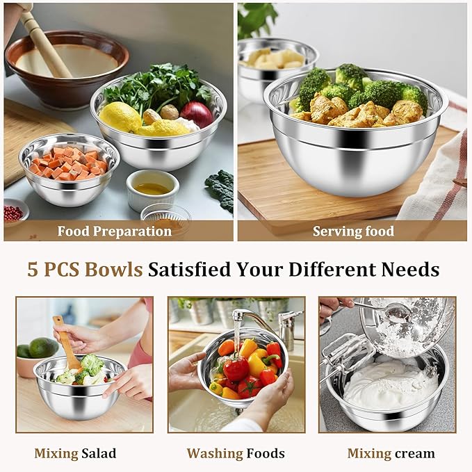 P&P CHEF Mixing Bowls with Visible Airtight Lids Set of 5, 10-Piece Stainless Steel Mixing Nesting Bowl, Metal Bowl with Lid for Kitchen Prepping & Storing, Size 4.6, 3, 1.5, 1, 0.7 QT, Khaki