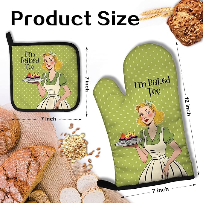 I'm Baked Too, Fun Oven Mitts and Potholders Set, Perfect for Baking Lovers, Bakers, Mom, Wife, Girlfriend Birthday Housewarming Gift, Fashionable Double-Sided Pattern