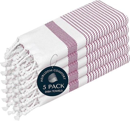 Burgundy Wine Turkish Kitchen Towels 16x26 Inch, 5 Pack, 100% Cotton, Ultra Absorbent, Soft, Fast Dry, Washable, Dish Towel with Tassels for Drying Dishes, Cleaning, Everyday Use