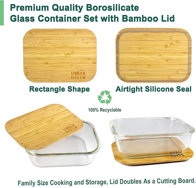 Urban Green Glass Containers with Bamboo Lids, Aitight Storage Container Set of 4, Meal Prep Food Container Set, Oven, Freezer, Microwave Safe, 35oz
