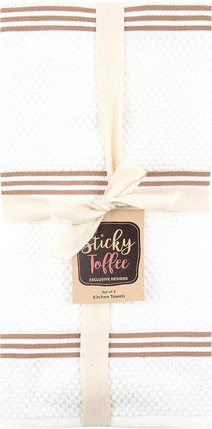 Sticky Toffee Cotton Kitchen Towels Set of 4 – Brown and White Hand Towels 28x16 in, Reusable and Absorbent Tea Towels for Cleaning or Drying, Oeko-Tex Cotton