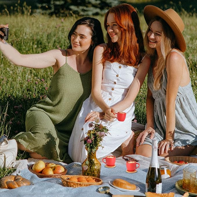 Hasense Espresso Cups and Saucers Set of 6, 3.5 OZ Demitasse Cups with Handle for Drinks, Latte, Cappuccino, Cafe Mocha and Tea, Porcelain Coffee Cups for Coffee Bar Home and Party, Red