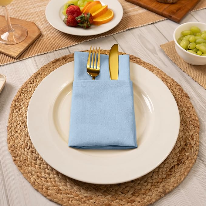 Blue Needles Solid Cloth Napkins Set of 6 Ice Blue 100% Cotton Dinner Napkins 18x18 inches - Soft, Reusable, Absorbent & Washable Fall Thanksgiving Linen, Ideal for Events, Parties & Everyday Use