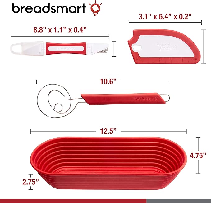 Breadsmart Artisan Bread Making Kit - 5 PC Baking Supplies Set - Lame, Scraper, Whisk, Proofing Basket & Cotton Liner - Red