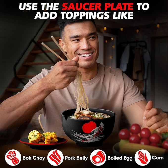 Japanese Ramen Bowl Set of 1-5 Pcs, 32 Oz Ceramic Microwaveable & Dishwasher Safe Large Noodle Bowl with Lid & Built-In Chopstick Holder, Pho, Udon, Thai, Korean, Rice - 6.5 Inch