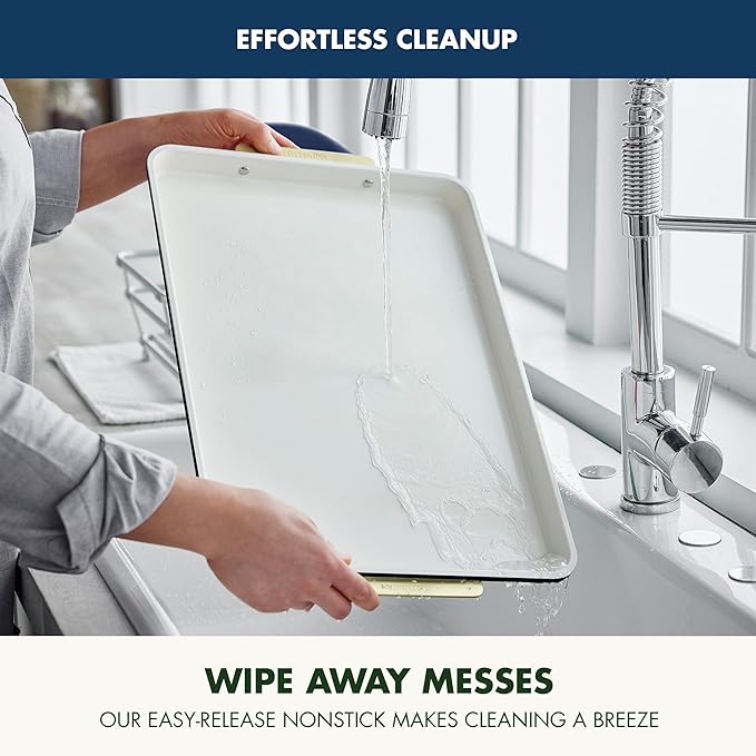 GreenPan Bakeware 13"x18" Half Baking Sheet Pan, Ceramic Nonstick Baking Pan, PFAS & BPA Free, Gold Handles, Durable Steel, Versatile & Space Saving Ovenware, Freezer to Oven Dish, Oxford Blue