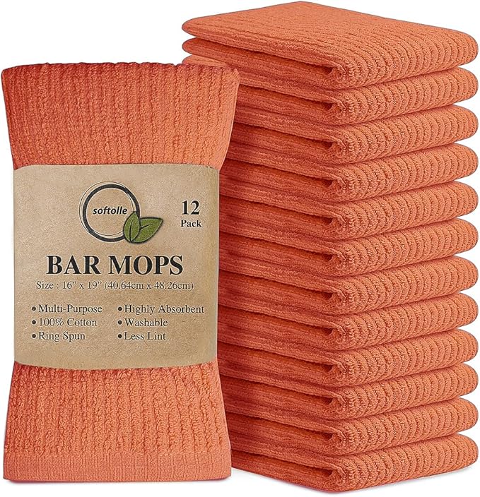 Softolle Bar Mop Towels, Pack of 12-16x19 Inches - 100% Cotton Super Absorbent Towels, Multi-Purpose for Home and Bar Cleaning (Coral)