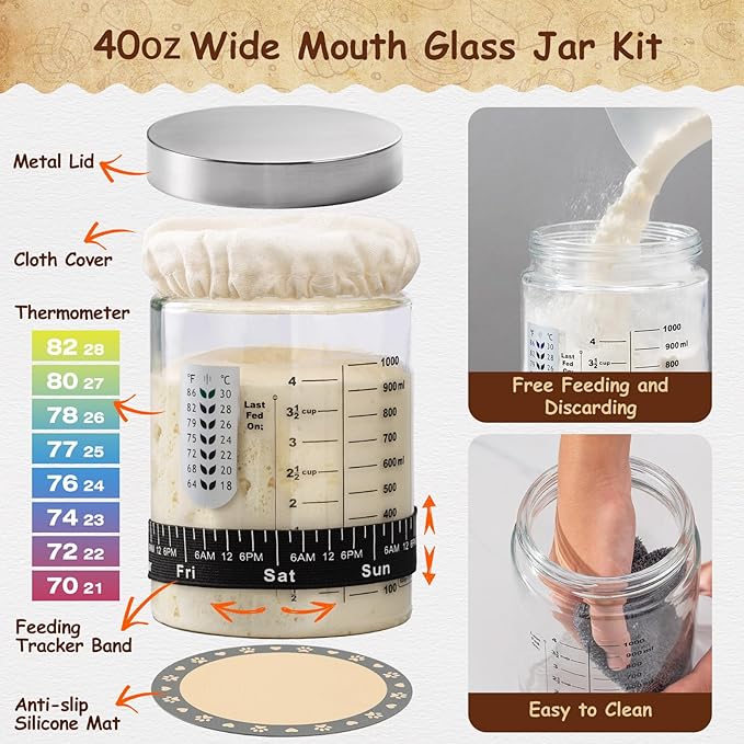 Sourdough Starter Kit, Sourdough Bread Baking Supplies, 40oz Sourdough Starter Jar, 9" Round & 10"Oval Rattan Banneton Bread Proofing Baskets Set, Bread baking tools,Silicone bread Sling