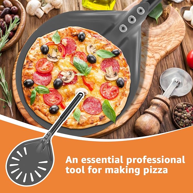 2Pcs Pizza Turning Peel with Long Handle Aluminum Pizza Peel Spinner Perforated Pizza Turner Spinner Non-Stick Pizza Paddle 15.7×5.9×8.46 Inch Scratch Resistant Pizza Peel Paddle for Home Oven