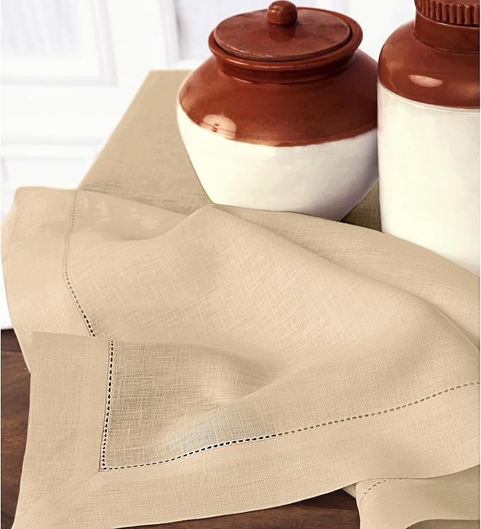 Solino Home Linen Napkins Set of 4 - Classic Hemstitch 100% Pure Linen Beige Dinner Napkins Cloth 20 x 20 Inch for Fall, Autumn, Thanksgiving, Christmas - Handcrafted and Machine Washable