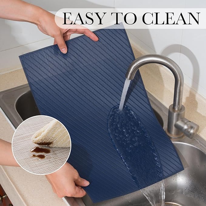 BACKTOEDEN Placemats Set of 6 Heat Resistant Washable Wipeable Placemat Woven Non-Slip Foldable Vinyl/Plastic Place Mats Indoor/Outdoor Mat Kitchen Dining Table Pad, Royal Blue Twill