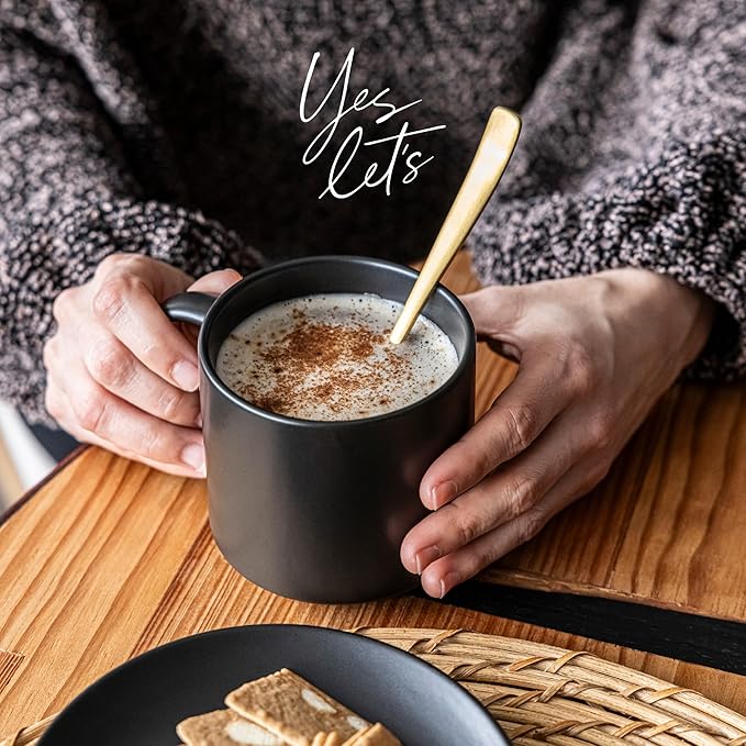 over&back Stackable Stoneware Coffee Mugs - 4-Piece Mug Set - Enjoy the Perfect Cup of Coffee, Tea, Latte, and More - Semi-Matte Black- 14oz