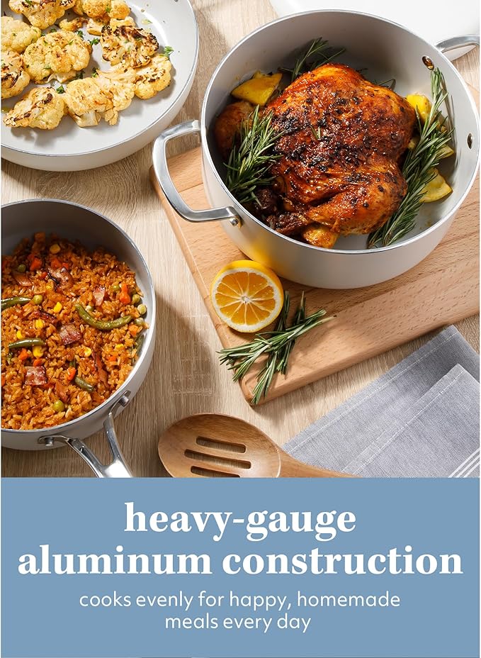 Sur La Table Kitchen Essentials Potluck Porch 10 Piece PFA Free Ceramic Non stick Interior Forged Aluminum Cookware Pots and Pans Set W/Aluminum Lids - Linen White - Induction Compatible