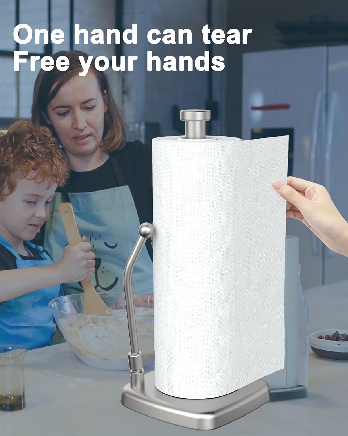 Paper Towel Holder Countertop, Paper Towel Dispenser Standing Weighted Base Non-Slip, Spring Arm Fit Most Size Paper Roll, Stainless Steel Paper Towel for Home Kitchen Tabletop, Sliver