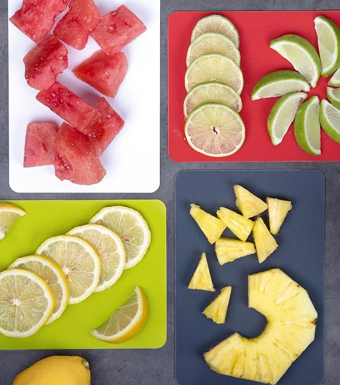 Dexas Heavy Duty Cutting Board Grippmat, Flexible Cutting Boards for Kitchen, Set of 4, Non Slip Plastic Board Cutting Mat 5.5 by 8 Inches Gray, Red, White and Green Set, Kitchen Gadgets