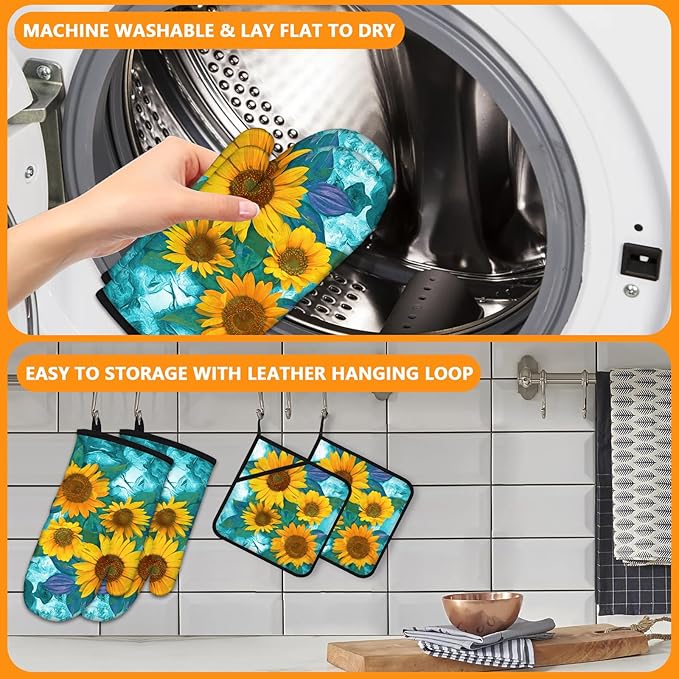 Sunflower Oven Mitts and Pot Holders Sets 4Pcs,Extra Long Oven Gloves Potholder for Kitchen Cooking Baking BBQ 100% Cotton Heat Resistant