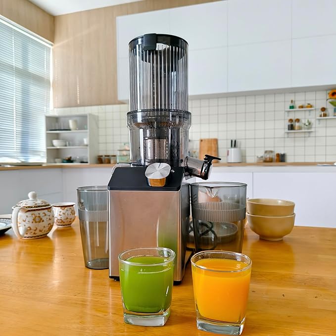 Cold Press Juicer, Wide Feed Chute Juicer Machines, Stainless Steel Slow Masticating Juicers Easy to Clean, Vegetables & Fruits Juice Extractor, High Juice Yield, Silver Color Knob