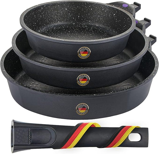 GIPFEL INTERNATIONAL 8, 10 and 12 Inch Nonstick Frying Pan Set of 3 - Cast Aluminum Pan with Detachable Handle - Non Stick Skillet Healthy Cooking Pans Induction Compatible Cookware, PFOA Free