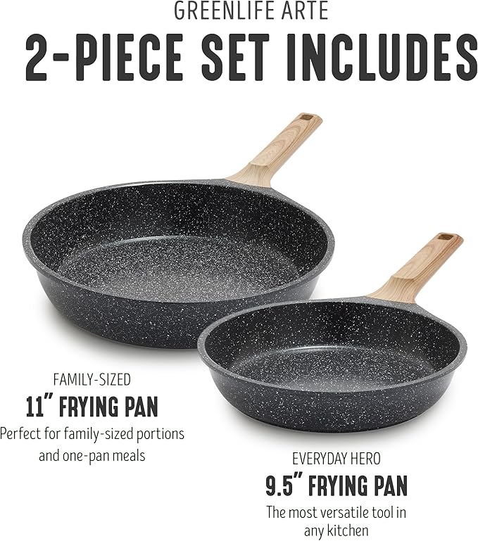 GreenLife Nonstick 2 Piece Frying Pan Set, 9.5" & 11" Skillets Ceramic PFAS-Free Nontoxic, Induction Suitable, Wood Print Handles, Stay-Cool Handles, Deep Cooking Skillets, Egg Pan, Granite Black