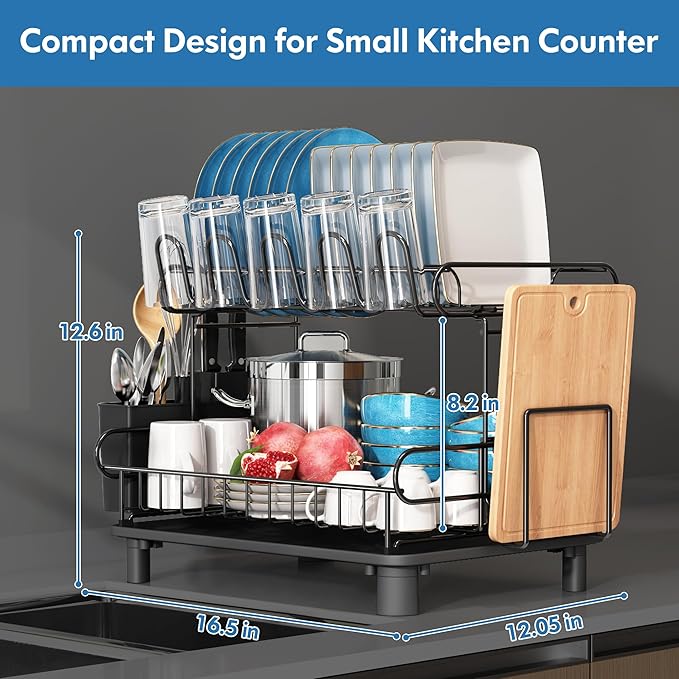 MAJALiS 2 Tier Black Large Stainless Steel Dish Drainers Drying Rack for Kitchen Counter with Drainboard, Rust Proof Metal, Space Saving, Modern Aesthetic, Compact Plates Strainers