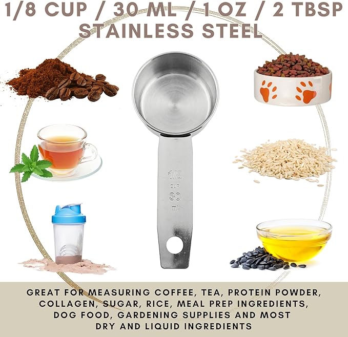 1/8 Cup Stainless Steel Measuring Cup | Sturdy Metal 30 ml | 30 cc | 1 oz | Single Cup for Wet and Dry Ingredients | Great for use as 1/8 Cup Coffee Scoop - 1 PK