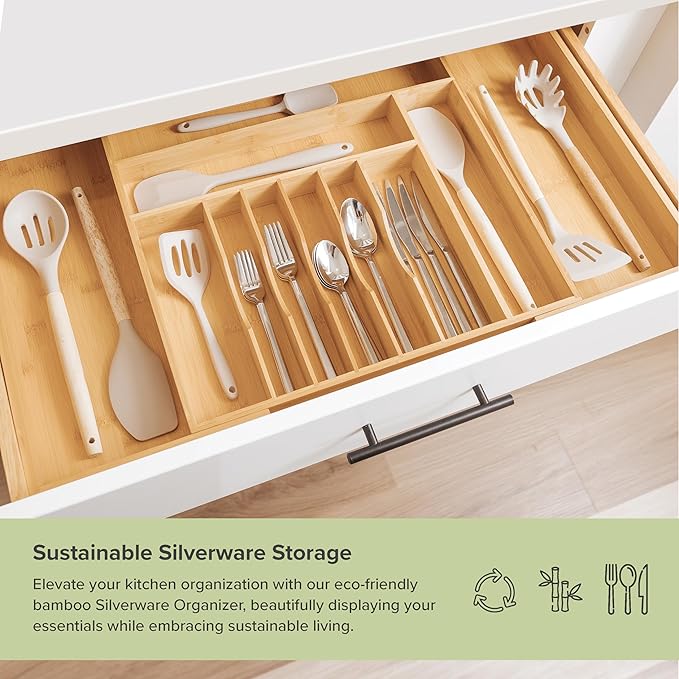 KitchenEdge Premium Silverware, Flatware and Utensil Organizer for Kitchen Drawers, Food-Safe Contract Grade, Expandable from 18 to 33 In, Natural Bamboo