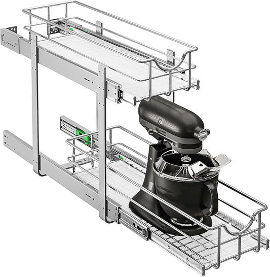 WelFurGeer 2-Tier Stainless Steel Pull Out Cabinet Organizer, Soft Close Damping Slides, Heavy Duty Chrome Plated Wire Basket with Shelf Liner, Perfect for Kitchen Cabinets, Pantry Storage, Under Sink