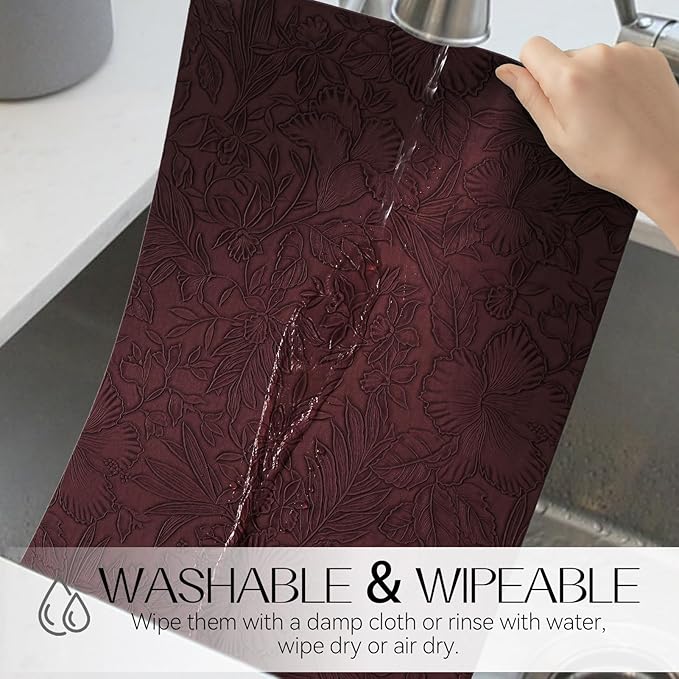 Romanstile Vinyl Placemats Set of 4-12 X 18 Inch - Heat Resistant Non-Slip Embossed Floral Place Mats 100% Waterproof Oilproof Wipeable Faux Leather Table Mats for Kitchen/Dining/Party, Burgundy