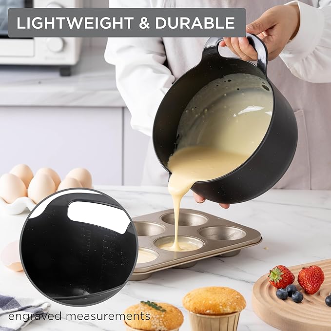 COOK WITH COLOR Nesting Plastic Mixing Bowl Set with Pour Spouts and Handles, Black Speckled, 4 Piece Non-Slip