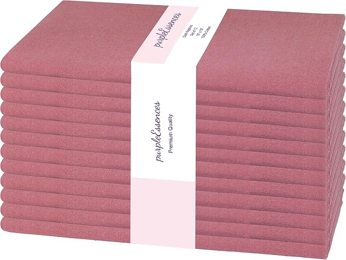 PurpleEssences Set of 12 Cloth Dinner Napkins 100% Cotton 18x18 Inch - Soft Durable Washable - Ideal for Farmhouse Party Fall Thanksgiving - Perfect Everyday Use Table Linen - Dusky Rose