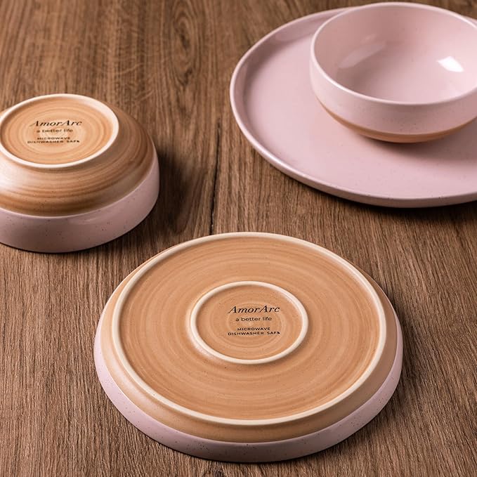 AmorArc Ceramic Dinnerware Sets for 4, 12 Pieces Handpainted Plates and Bowls Set with Rustic Terracotta Underside, Scratch Resistant Stoneware Dishes Set, Dishwasher & Microwave Safe, Cloud Pink