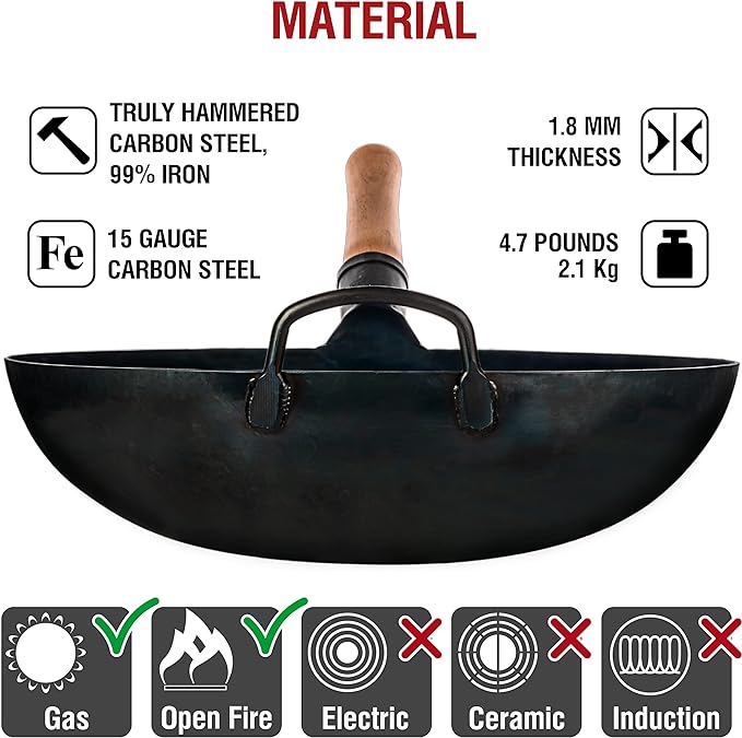 YOSUKATA 14” Round Bottom Carbon Steel Wok Pan – Blue Pre-Seasoned Pow Wok for Stir Fry, BBQ & Camping – Traditional Japanese & Chinese Cookware – Compatible with Gas Stoves & Open Fire Only