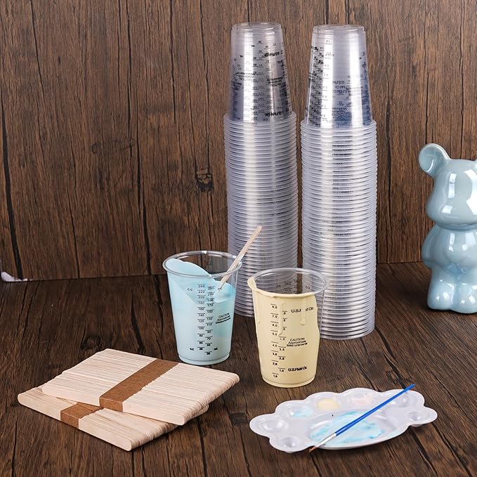 100-Pack Clear Plastic Measuring Cups – Graduated Disposable Mixing Cups for Paint, Resin, Epoxy & Kitchen Use | Durable, Leak-Resistant & Precise Cups for DIY, Crafts, Baking & Labs