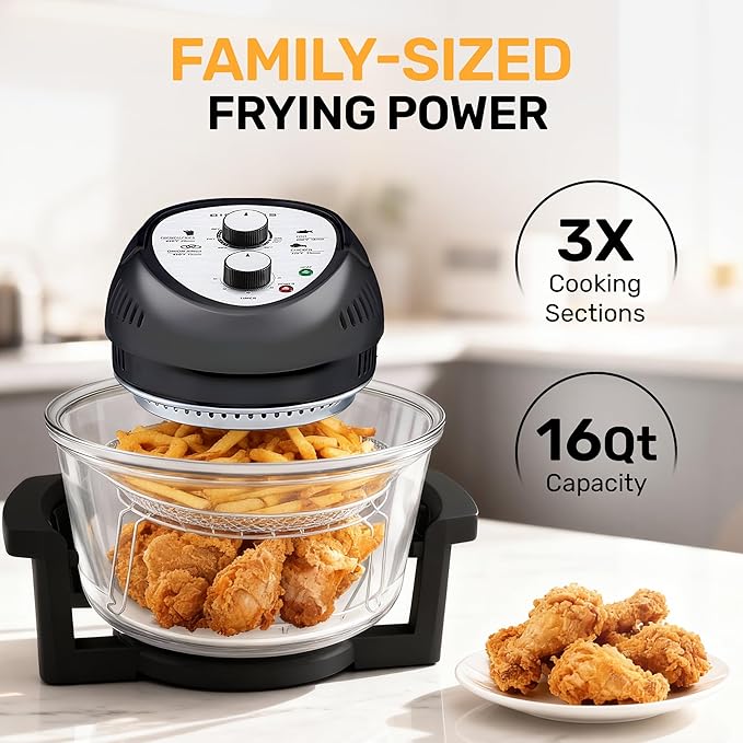 Big Boss 16Qt Extra Large Glass Air Fryer Non Toxic – Family Sized 4 in 1 Cooker with 3 Cooking Sections, Stainless Steel Racks for French Fries, Chicken, No Preheat, Self Cleaning, Dishwasher Safe