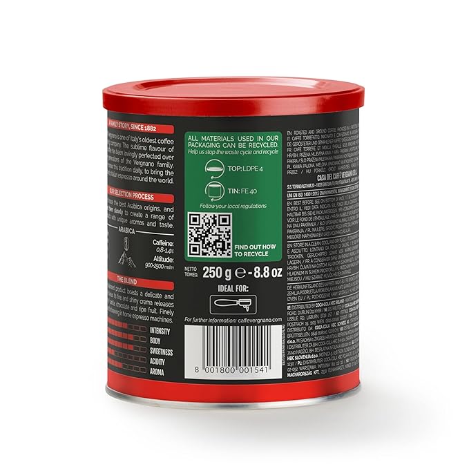Caffè Vergnano Italian Finely Ground 100% Arabica Espresso Coffee – Intensity 6, Delicate & Subtly Fruity Flavor Blend, Slow Roasted with Notes of Milk Chocolate, Caramel & Nuts, 8.82 oz Tin