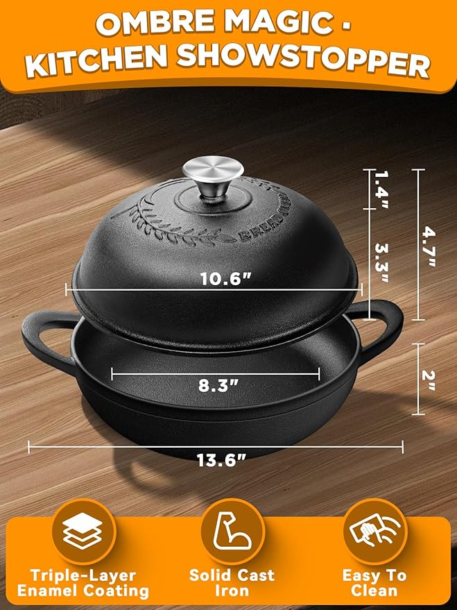 Dutch Oven Bread Baking Pot with Lid 6QT Cast Iron Design & Complete Sourdough Kit (Banneton Basket, Dough Tools, Silicone Sling) for Artisan Bread Making